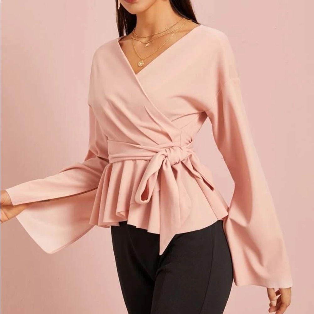 NWOT Split Sleeve Belted Wrap Peplum Top - XS